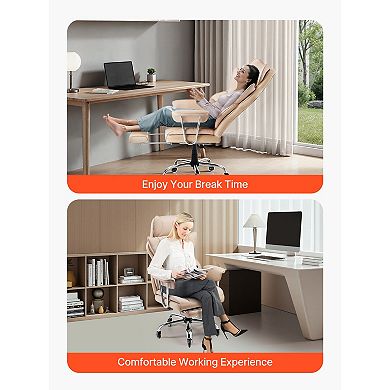 Khaki PU Leather Reclining Executive Office Chair with Footrest and Lumbar Support