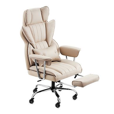 Khaki PU Leather Reclining Executive Office Chair with Footrest and Lumbar Support