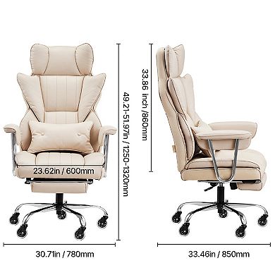Khaki PU Leather Reclining Executive Office Chair with Footrest and Lumbar Support