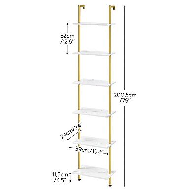 6 Tier Ladder Bookcase Leaning Shelf with Metal Frame Marble Look Shelves for Storage Display
