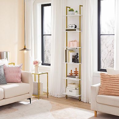 6 Tier Ladder Bookcase Leaning Shelf with Metal Frame Marble Look Shelves for Storage Display