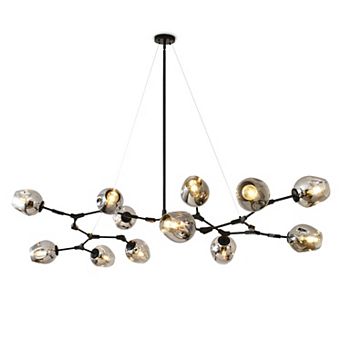 Modern 12-Light Wide Branching Sputnik Chandelier Black Metal with Smoky Gray Glass