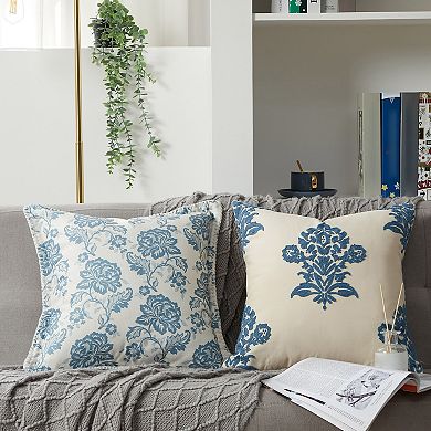 2Pcs Floral Cushion Covers, 18x18 Inch Boho Embroidered Printed Throw Pillowcases for Sofa