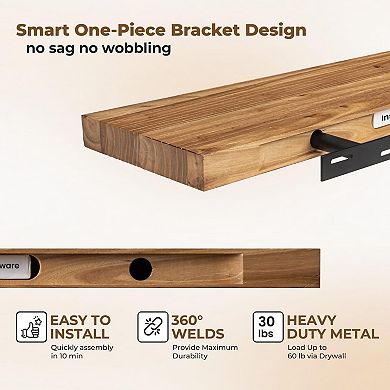 24" Rustic Elm Floating Wall Shelf with Hidden Bracket 2Pcs
