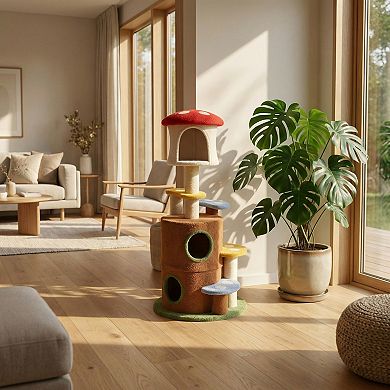 IFMALL Mushroom Themed Multi-Level Cat Activity Tree with Condo and Ladder