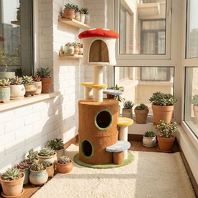 IFMALL Mushroom Themed Multi-Level Cat Activity Tree with Condo and Ladder