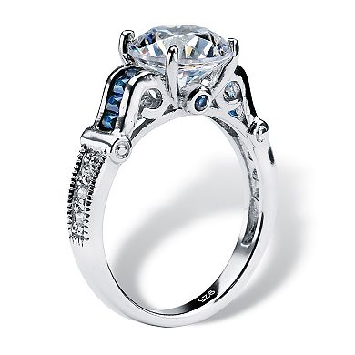5.01 TCW Round CZ and Sapphire Ring in Platinum-plated Sterling Silver