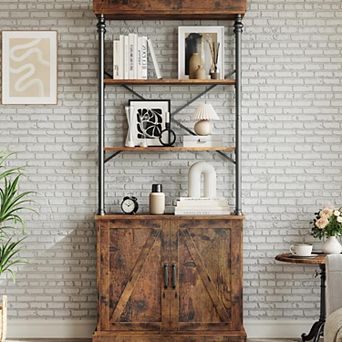 73.62" 4 tier Industrial Bookcase: Rustic Wood & Metal Cabinet with Doors for Living Room