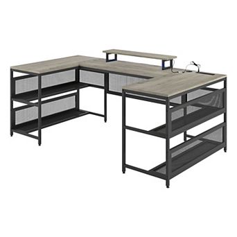 U-Shaped Desk with LED Lights and Storage Shelves for Home Office - Grey and Black