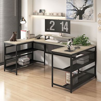 U-Shaped Desk with LED Lights and Storage Shelves for Home Office - Grey and Black