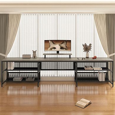 U-Shaped Desk with LED Lights and Storage Shelves for Home Office - Grey and Black