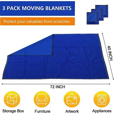Great Ambitions 3-Pack 40x72" Heavy Duty Moving Blankets, Quilted Furniture Protectors