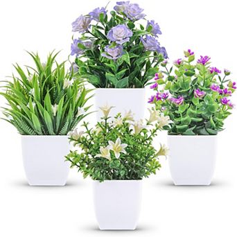 4 Pack Small Fake Plants Mini Artificial Faux Plants Indoor with Flowers Spring Decorations for Home