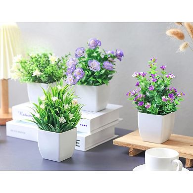 4 Pack Small Fake Plants Mini Artificial Faux Plants Indoor with Flowers Spring Decorations for Home