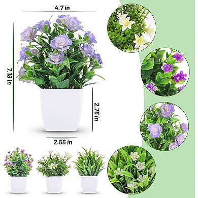 4 Pack Small Fake Plants Mini Artificial Faux Plants Indoor with Flowers Spring Decorations for Home