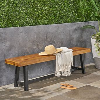 Outdoor Acacia Wood Bench Two-Toned Design with Sandblast Teak Top & Black Base