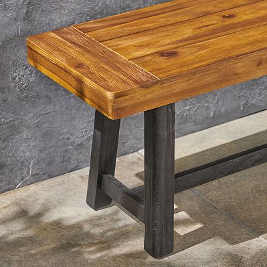 Outdoor Acacia Wood Bench Two-Toned Design with Sandblast Teak Top & Black Base