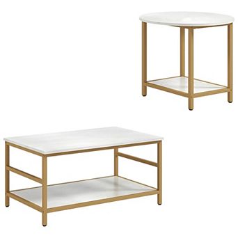 2 pc Nesting Coffee Table Set with Faux Marble Tops and Storage Shelves - White and Gold
