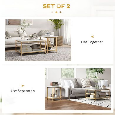 2-Piece Nesting Coffee Table Set with Faux Marble Tops and Storage Shelves - White and Gold
