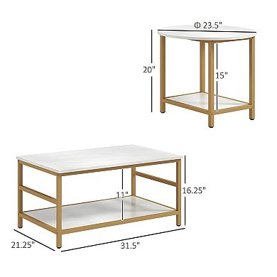 2-Piece Nesting Coffee Table Set with Faux Marble Tops and Storage Shelves - White and Gold