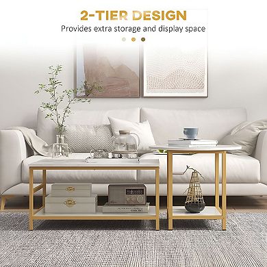 2-Piece Nesting Coffee Table Set with Faux Marble Tops and Storage Shelves - White and Gold