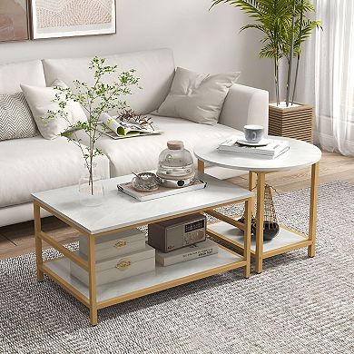 2-Piece Nesting Coffee Table Set with Faux Marble Tops and Storage Shelves - White and Gold