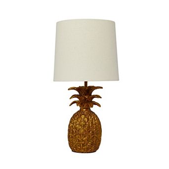 Hello Honey Resin Pineapple Table Lamp with Linen Shade, Distressed Gold