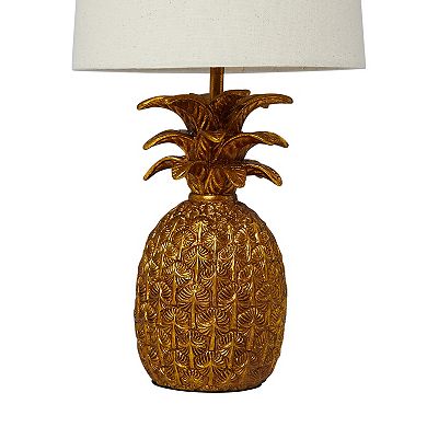 Hello Honey Resin Pineapple Table Lamp with Linen Shade, Distressed Gold