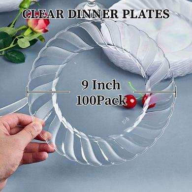 Great Ambitions 100-Count 9" Clear Plastic Plates: Heavy-Duty, Premium for Weddings & Events