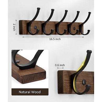 Coat Rack Wall Mount, 16.5 Inches Wood Coat Hooks, Wall Hooks for Hanging, (1Pack, Brown)