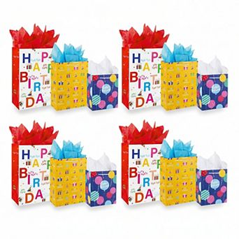 12 pc Birthday Gift Bags with Handle Tissue Paper Assorted Sizes Large Medium Small 13 9 Inch