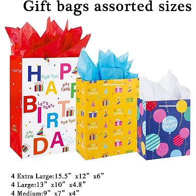 12 Pcs Birthday Gift Bags with Handle Tissue Paper Assorted Sizes Large Medium Small 13 9 Inch