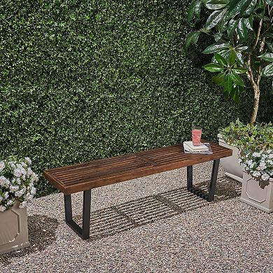 Patio Dining Bench Acacia Wood with Black Iron Legs & Adjustable Foot Pads