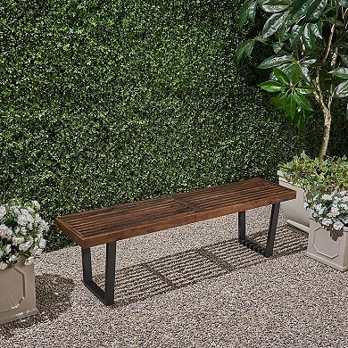 Patio Dining Bench Acacia Wood with Black Iron Legs & Adjustable Foot Pads