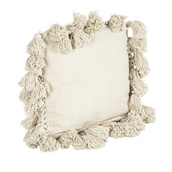 Hello Honey Cotton Slub Pillow with Crochet and Tassels, Cream