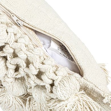 Hello Honey Cotton Slub Pillow with Crochet and Tassels, Cream