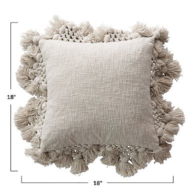 Hello Honey Cotton Slub Pillow with Crochet and Tassels, Cream