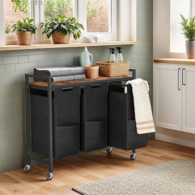 3 Compartment Laundry Hamper Rolling Sorter with Shelf Handles Lockable Wheels Bedroom Bathroom