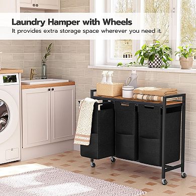 3 Compartment Laundry Hamper Rolling Sorter with Shelf Handles Lockable Wheels Bedroom Bathroom