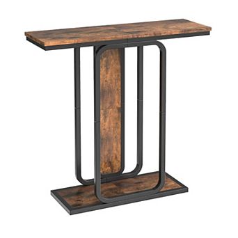 Industrial Console Table with Wood Grain and Metal Frame, Slim Entryway Table
