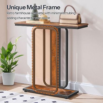 Industrial Console Table with Wood Grain and Metal Frame, Slim Entryway Table