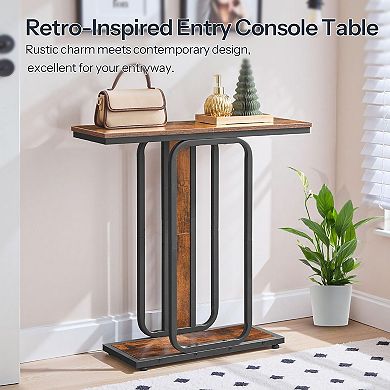 Industrial Console Table with Wood Grain and Metal Frame, Slim Entryway Table