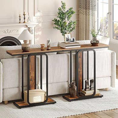 Industrial Console Table with Wood Grain and Metal Frame, Slim Entryway Table