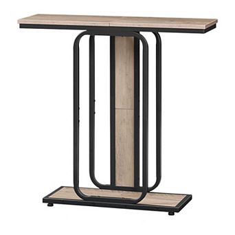 Industrial Console Table with Wood Grain and Metal Frame, Slim Entryway Table