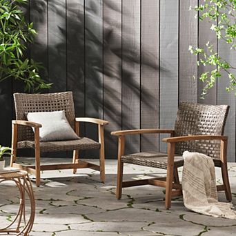 Wood + Wicker Club Chair (Set of 2) Natural Acacia Wood with Mixed Mocha Wicker