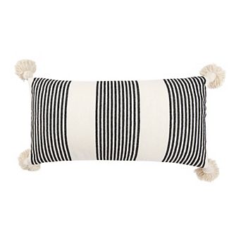 Hello Honey Cotton and Chenille Woven Striped Lumbar Pillow with Tassels, Black and Cream