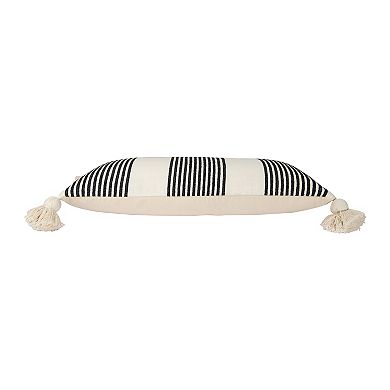 Hello Honey Cotton and Chenille Woven Striped Lumbar Pillow with Tassels, Black and Cream