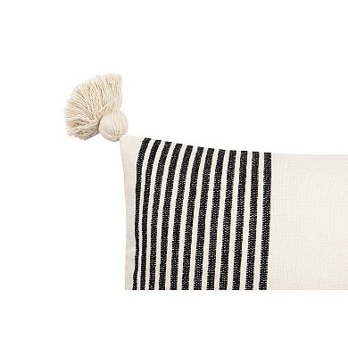 Hello Honey Cotton and Chenille Woven Striped Lumbar Pillow with Tassels, Black and Cream