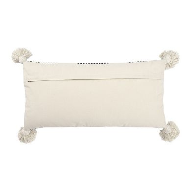 Hello Honey Cotton and Chenille Woven Striped Lumbar Pillow with Tassels, Black and Cream