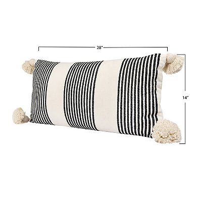Hello Honey Cotton and Chenille Woven Striped Lumbar Pillow with Tassels, Black and Cream